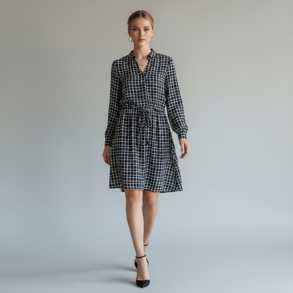Forest Lily Womens Grid Print‎ Long Sleeve Shirt Dress Black White XS